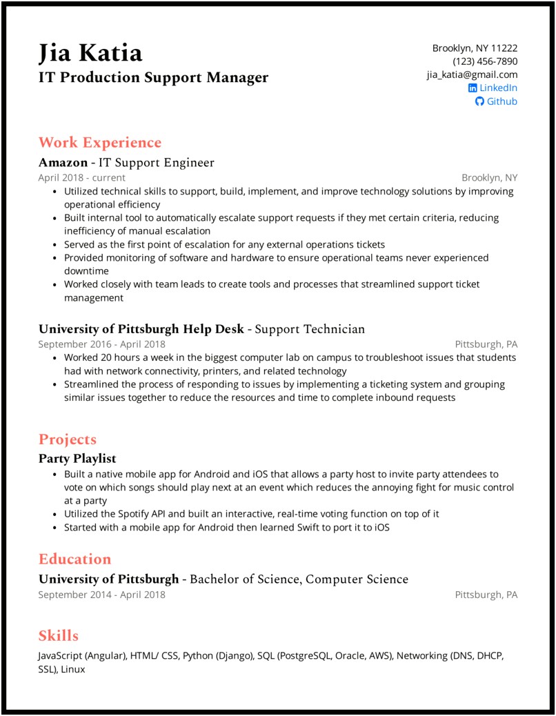 Beginner It Support Manager Resume Examples
