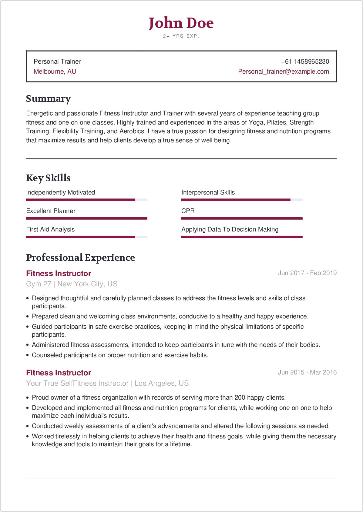 Beginning Personal Trainer Resume Examples