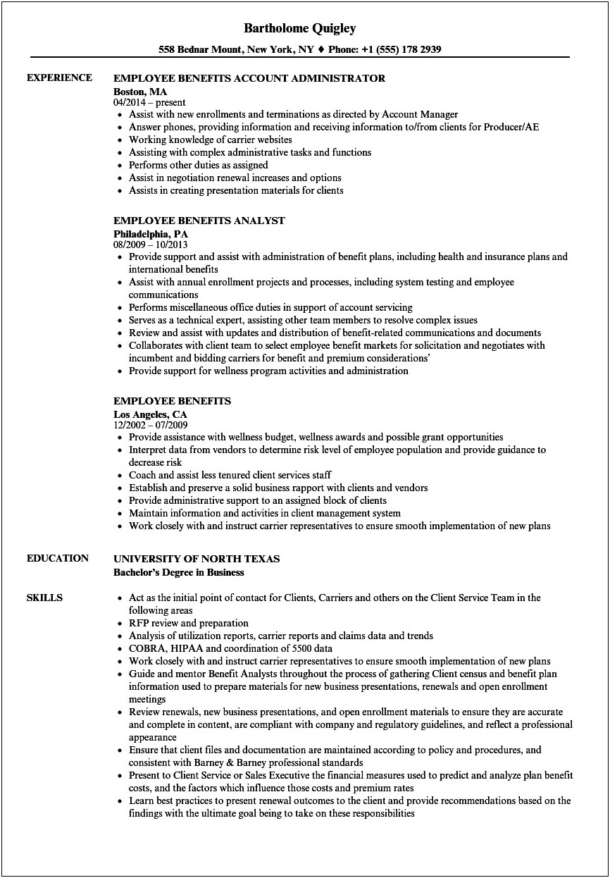 Benefits Administrator Job Description Resume