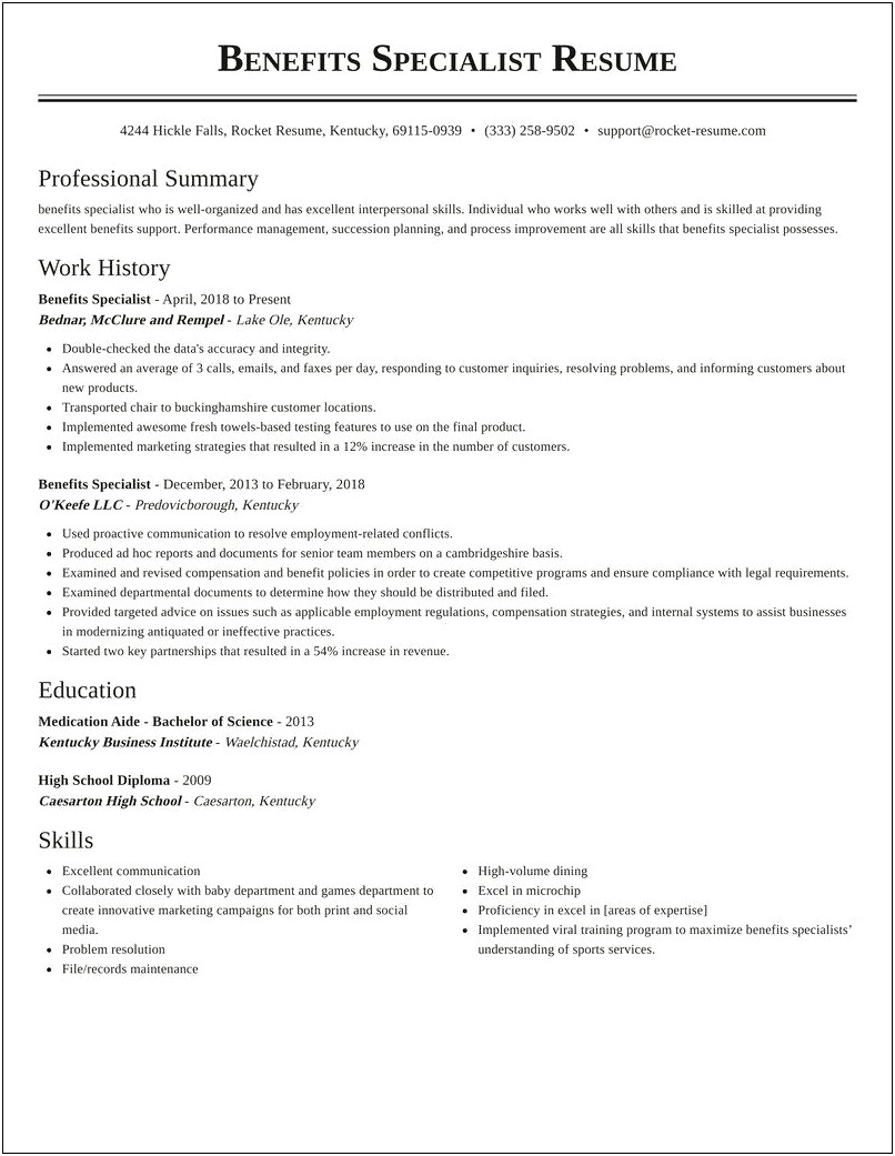 Benefits Specialist Resume Skills Summary