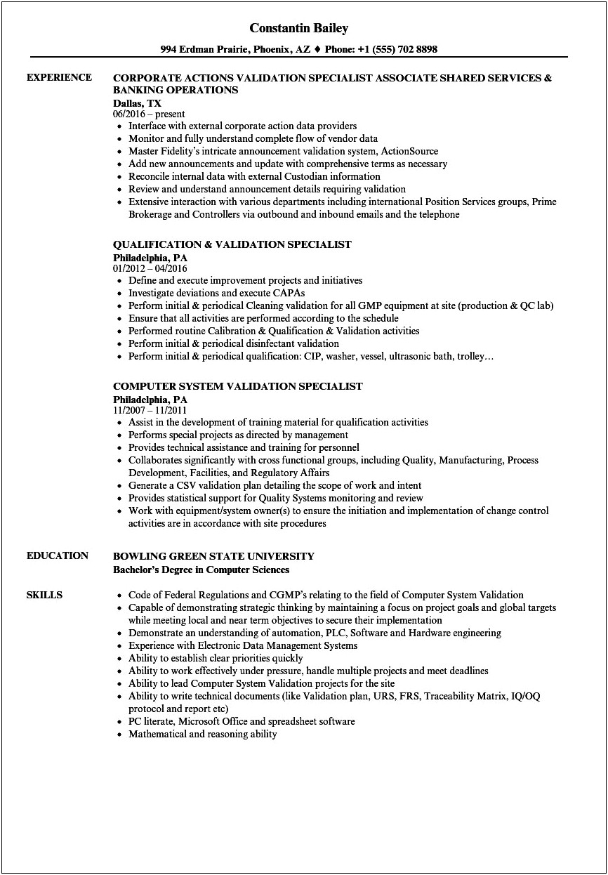Best Computer Syster Validation Resume