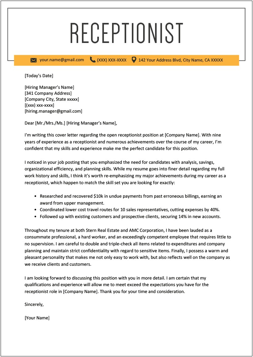 Best Cover Letter For Receptionist Resume