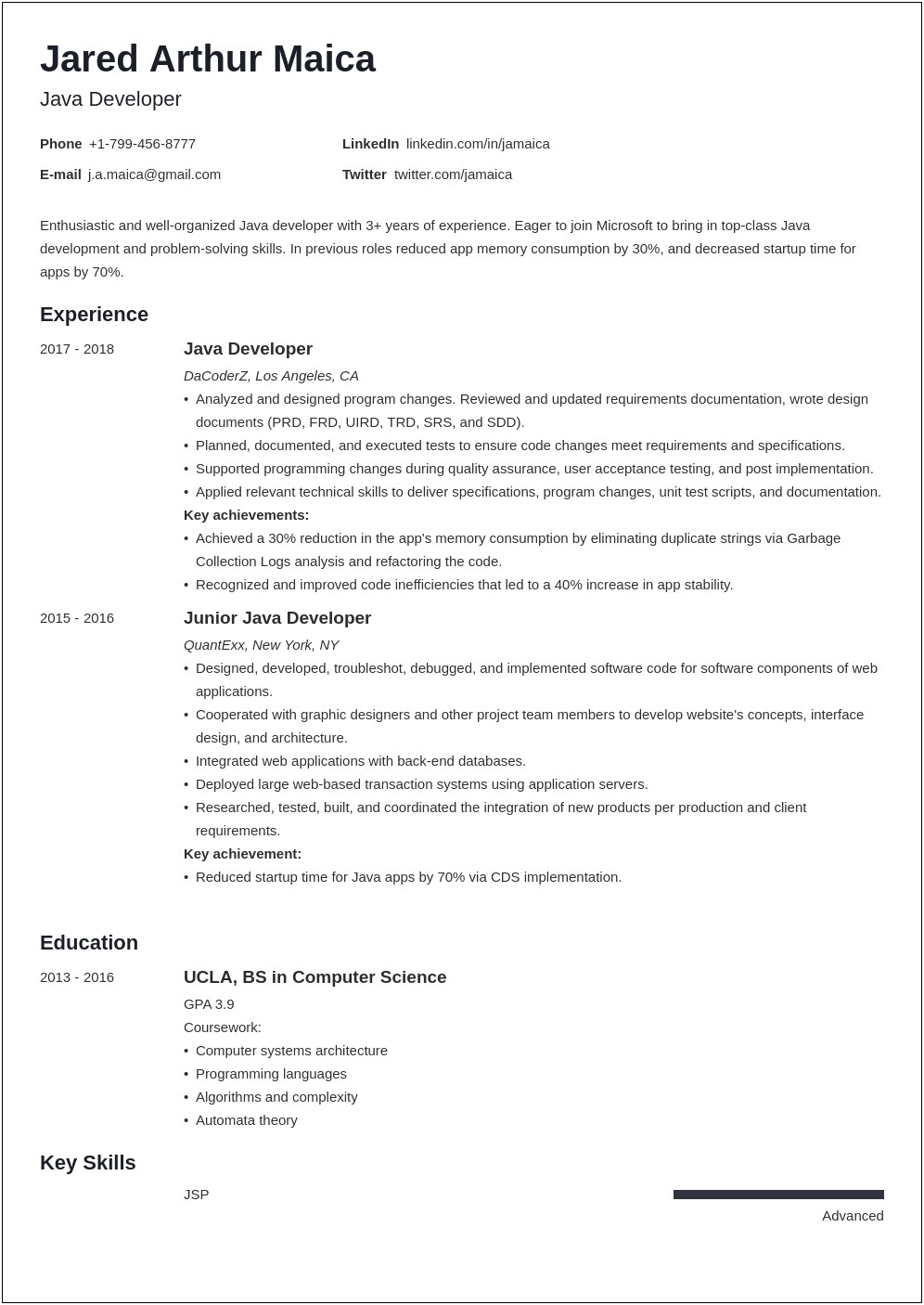 Best Entry Level Resume For Java Developer