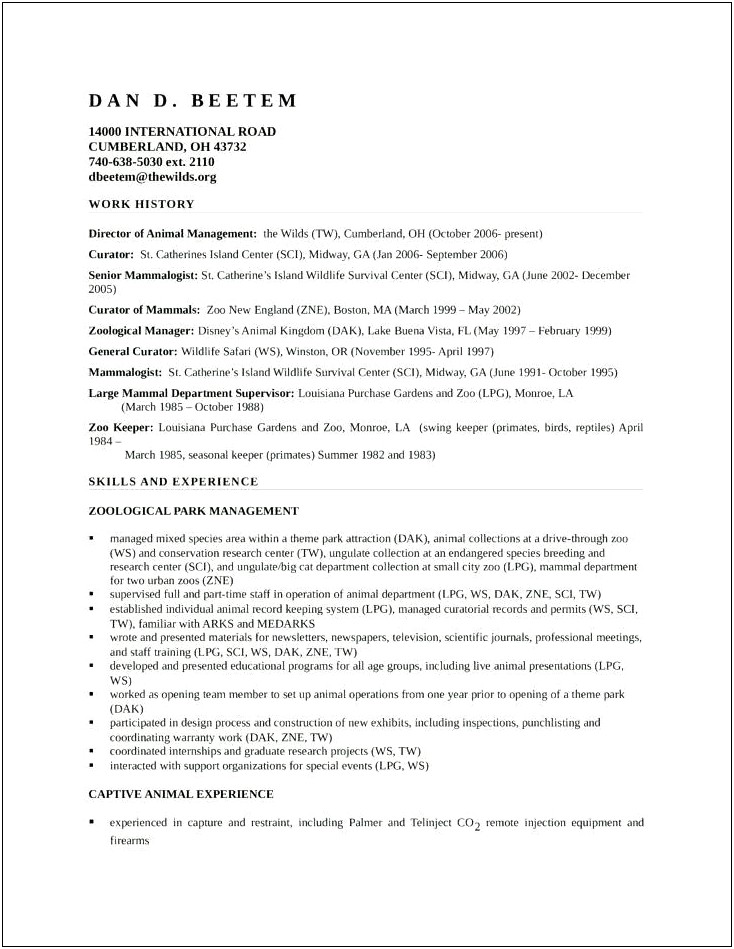 Best Format For Zookeeper Resume