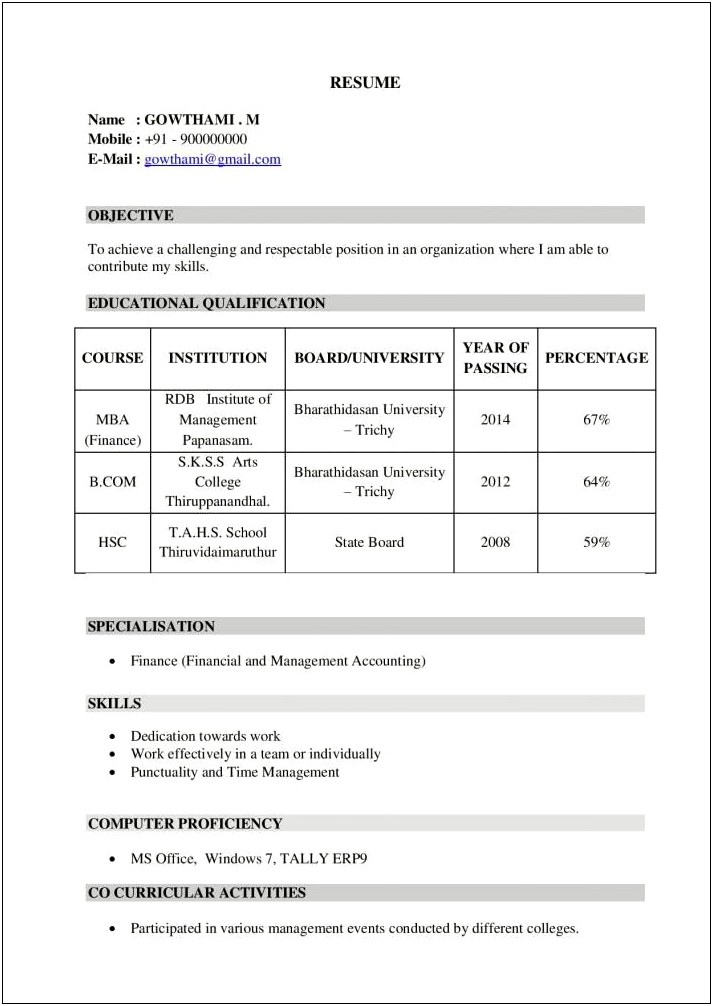 Best Format Of Resume For Mba Freshers