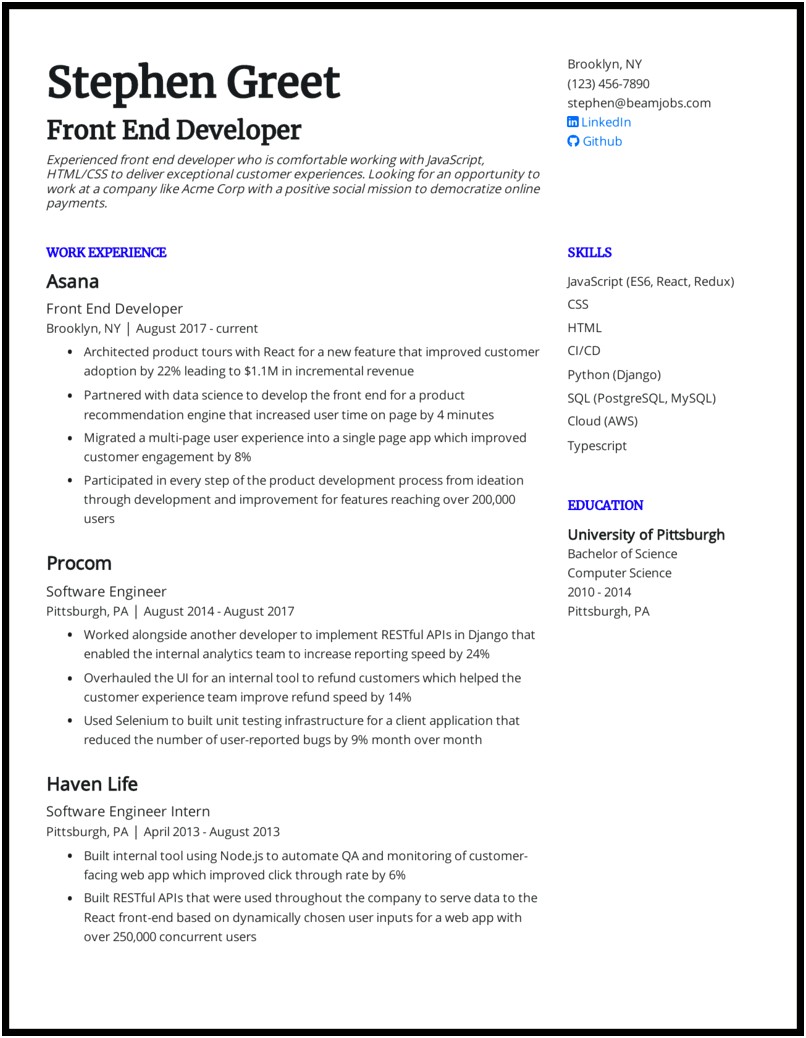 Best Front End Developer Resume