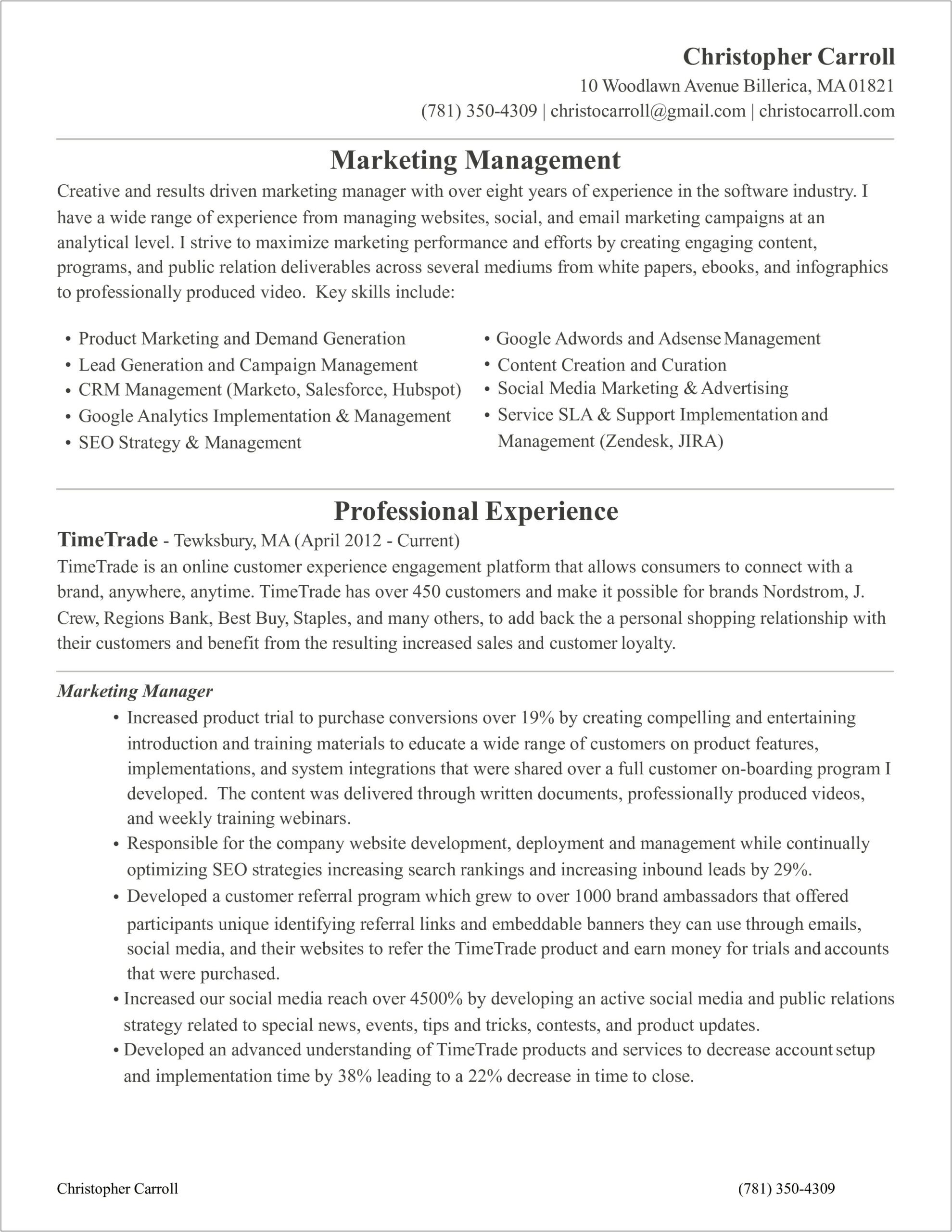 Best Marketing Manager Resume Sample