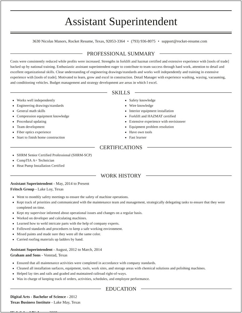 Best Objective For Construction Superintendent Resume