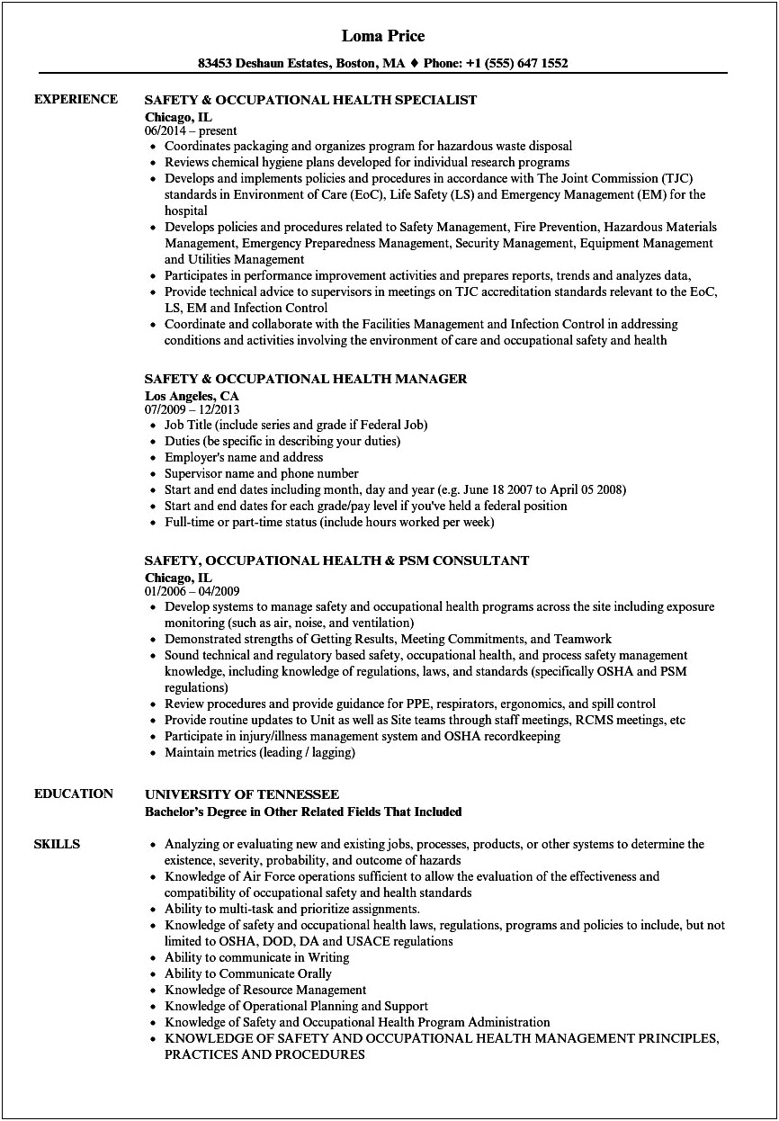 Best Occupational Health And Safety Resume Examples