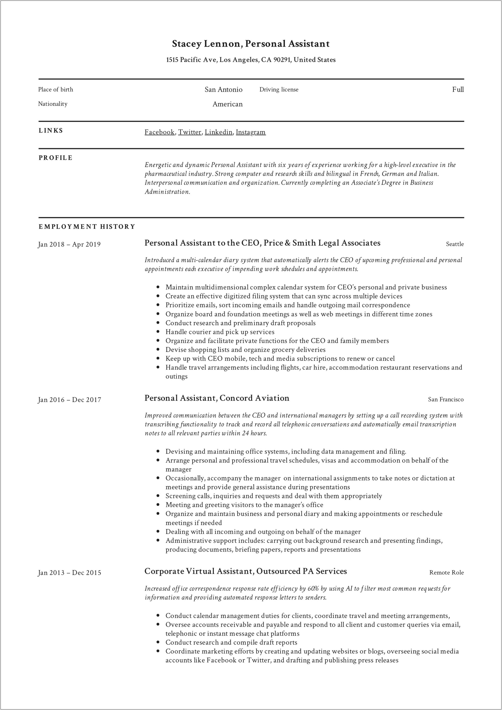 Best Personal Assistant Resume Sample