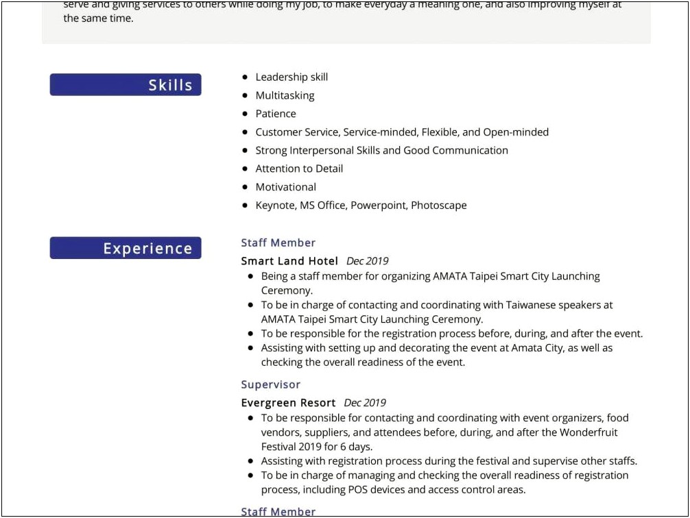 Best Personal Profile For Resume Hospitality