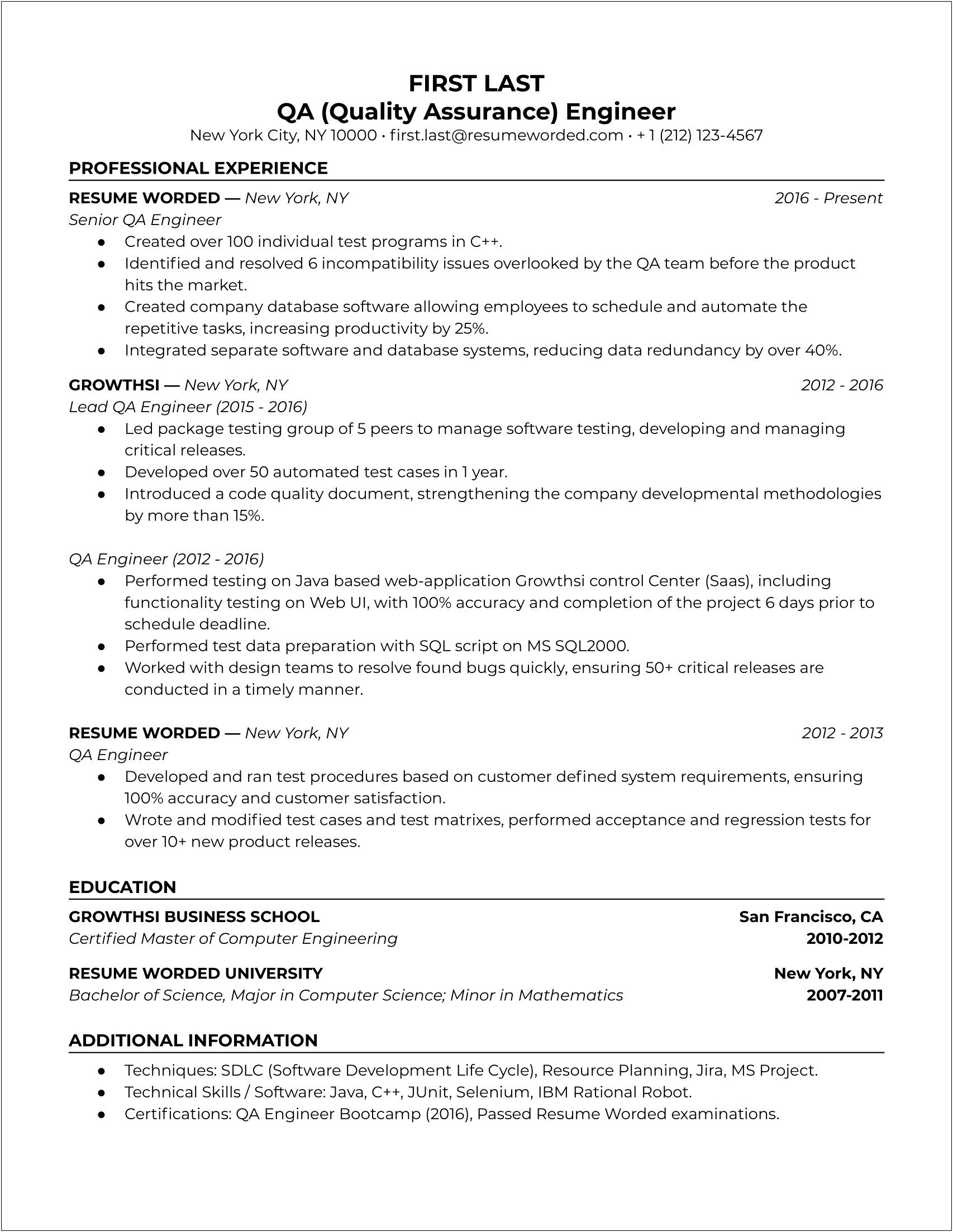 Best Quality Control Engineer Resume
