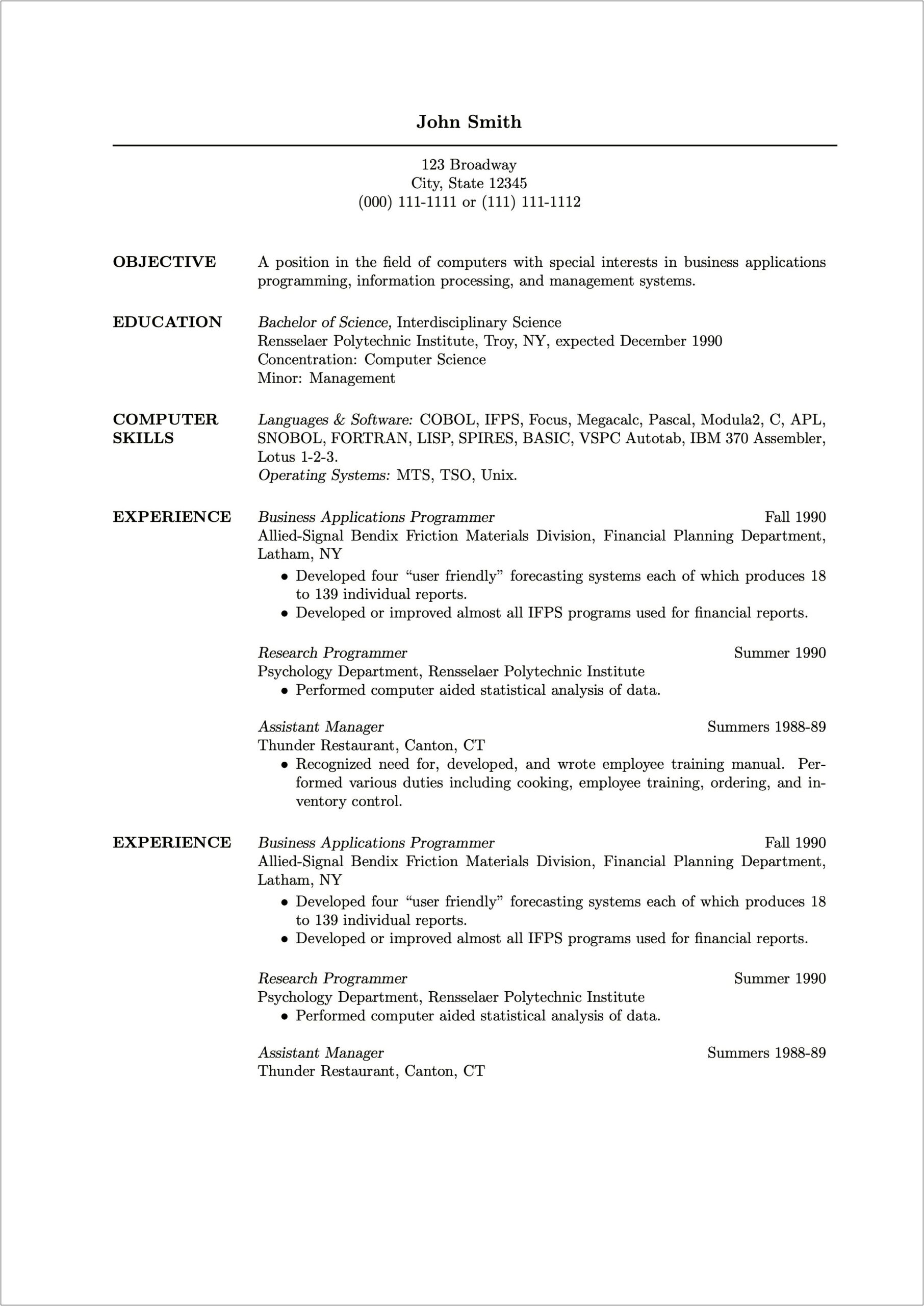 Best Resume Computer Science Student