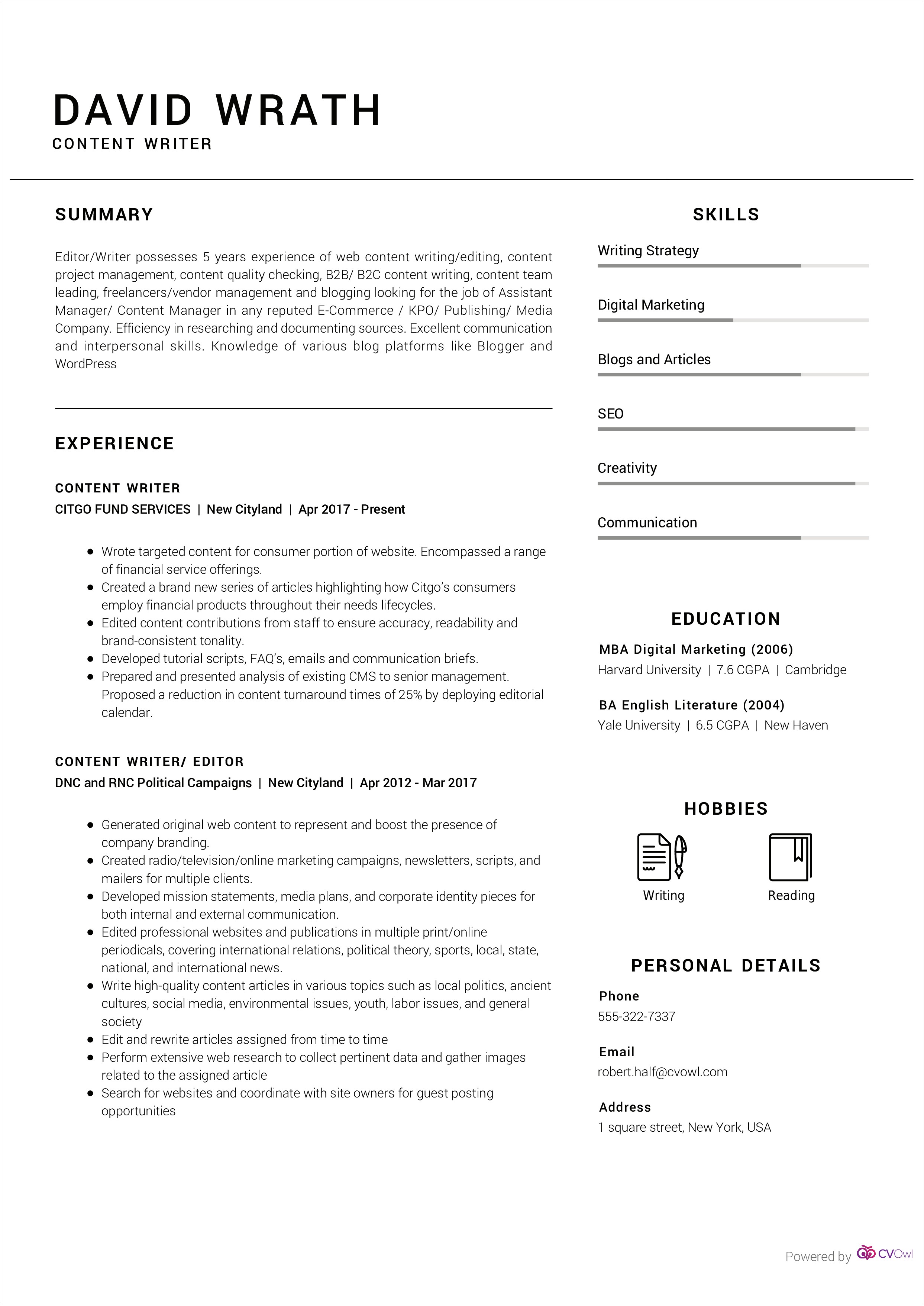 Best Resume For Content Writer