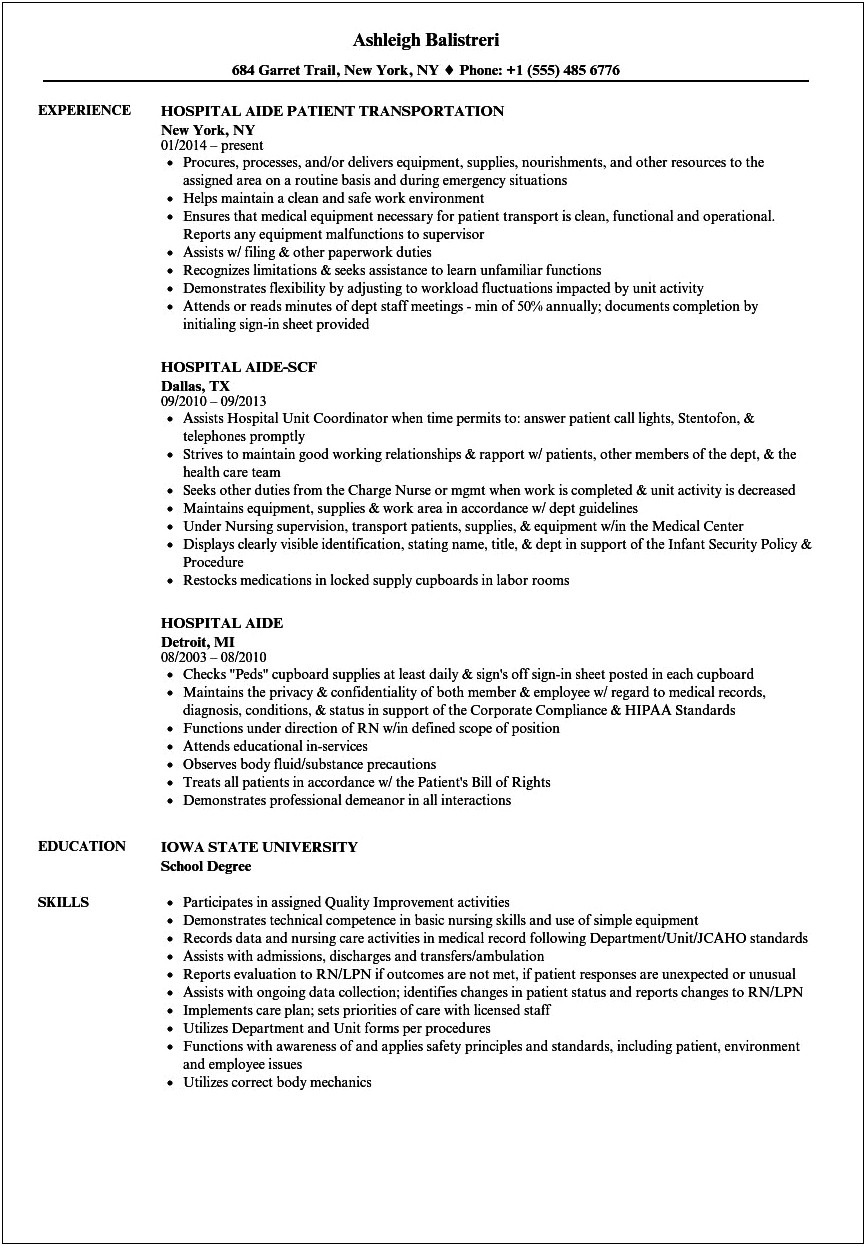 Best Resume For Dietary Aide