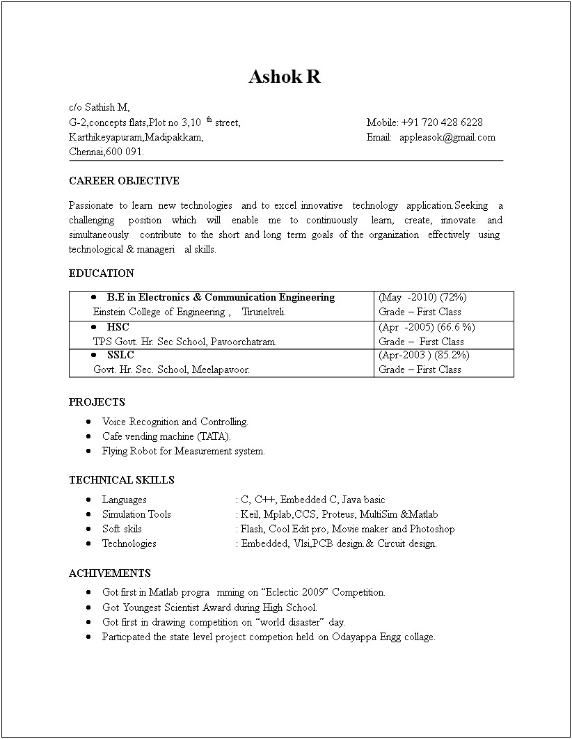 Best Resume For Ece Freshers Free Download