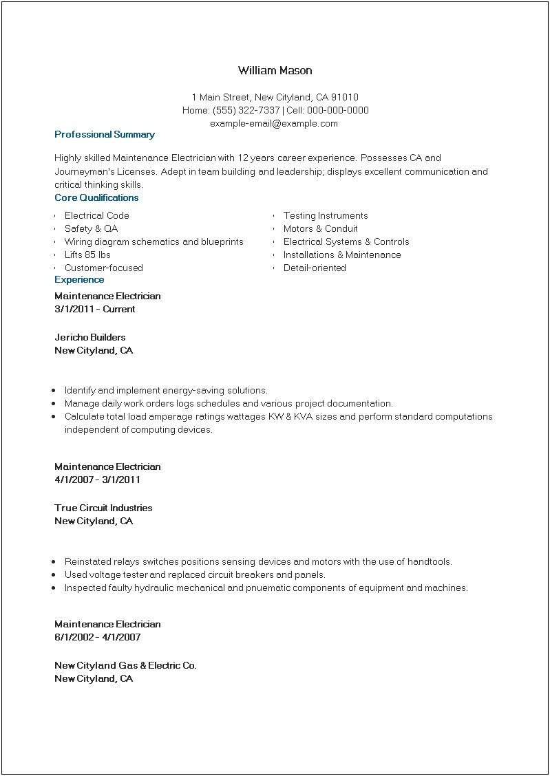 Best Resume For Electrical Technician