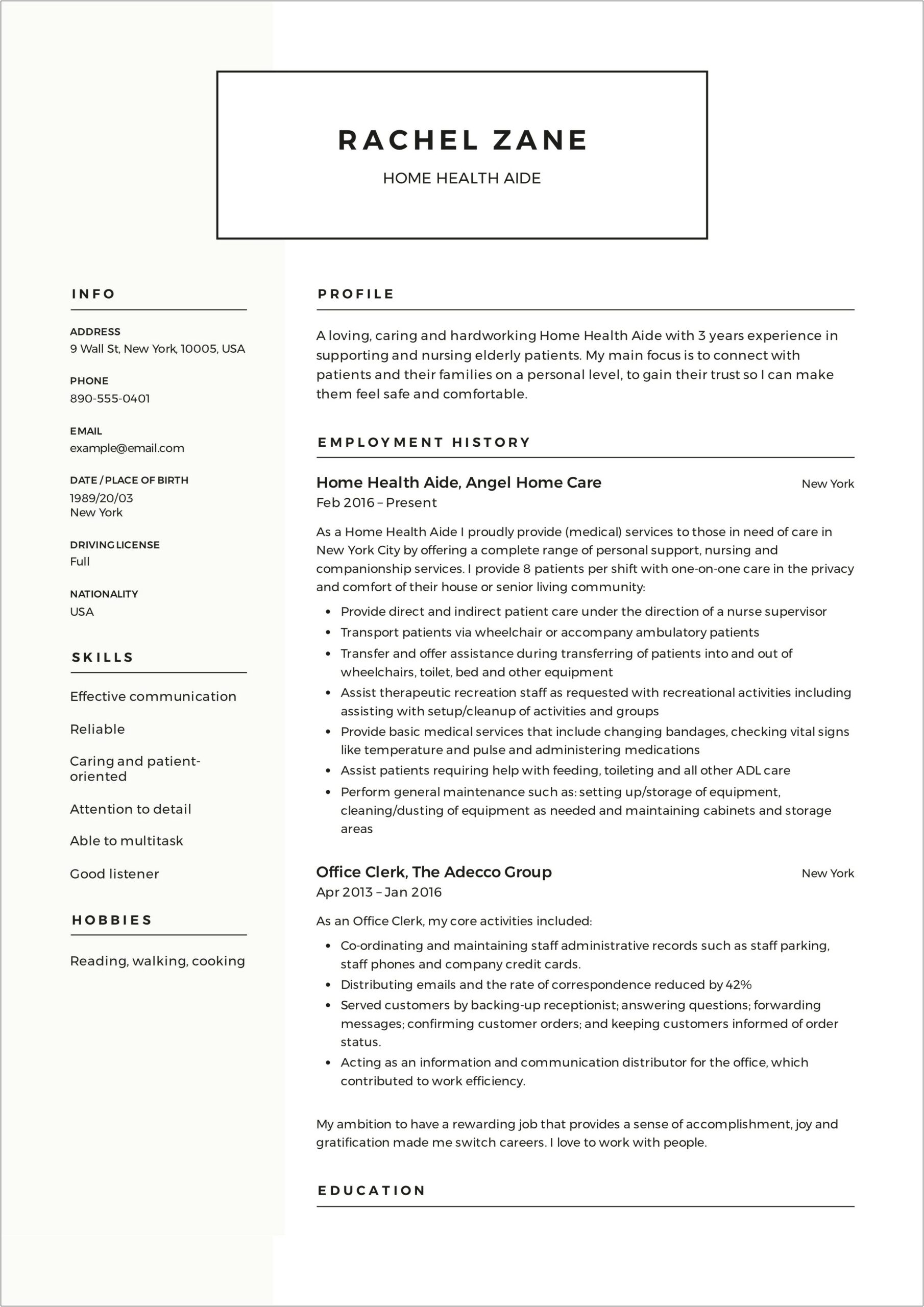 Best Resume For Health Care Aide