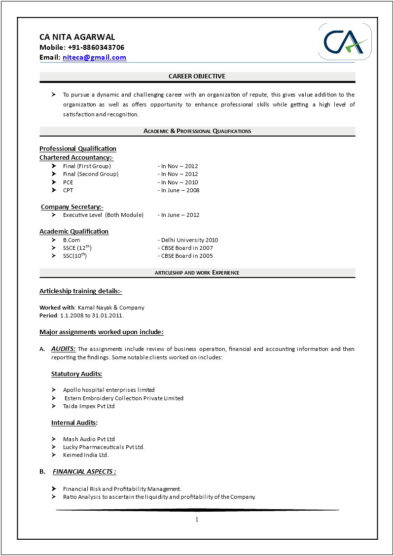 Best Resume Format For Articleship Training