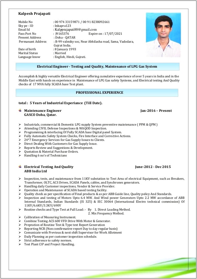 Best Resume Format For Electrical Maintenance Supervisor