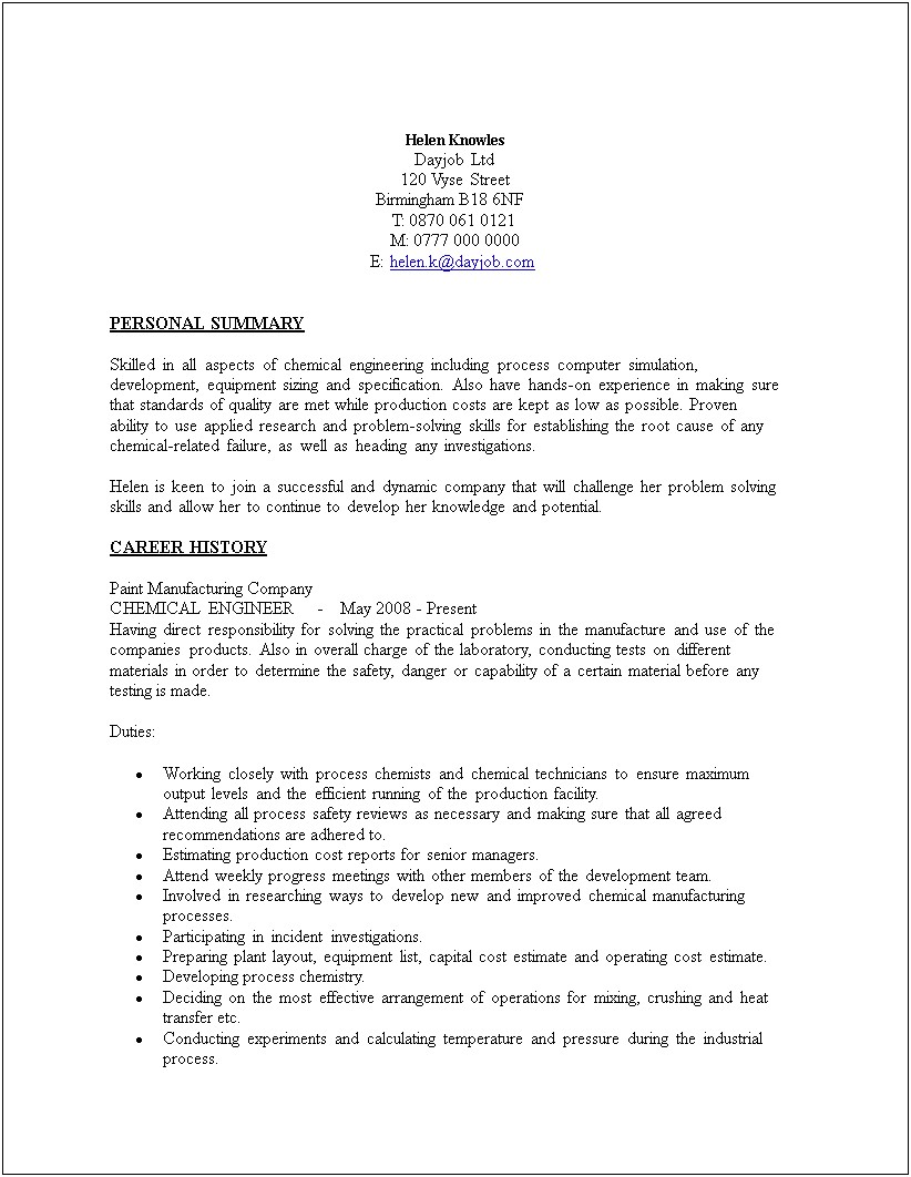 Best Resume Format For Experienced Chemical Engineers