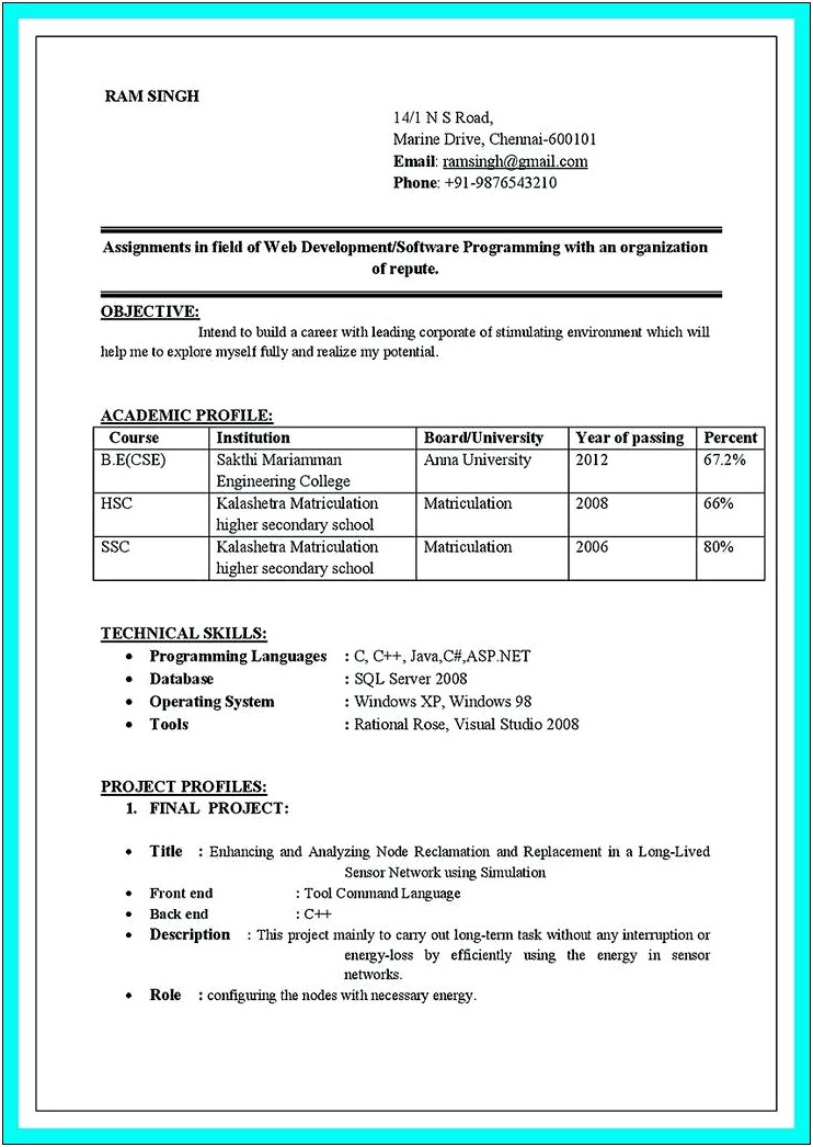 Best Resume Format For Freshers Engineers Pdf