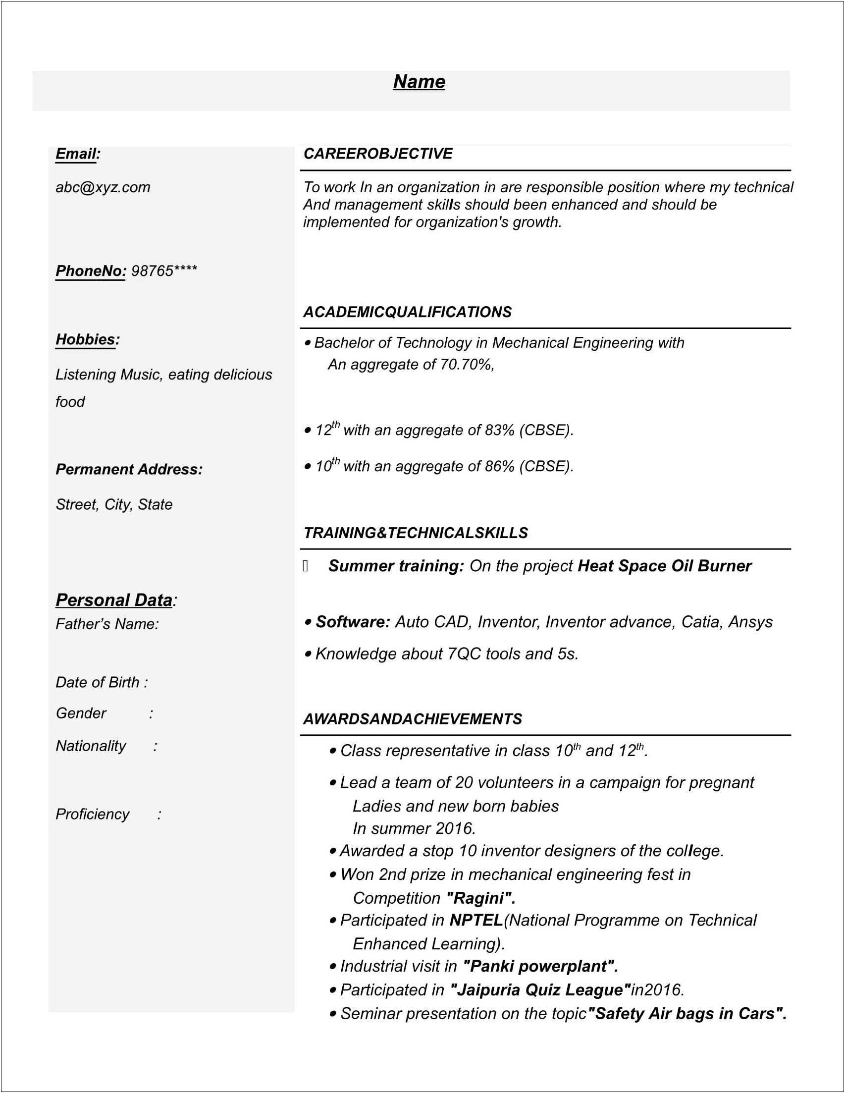 Best Resume Format For Freshers Mechanical Engineers Doc
