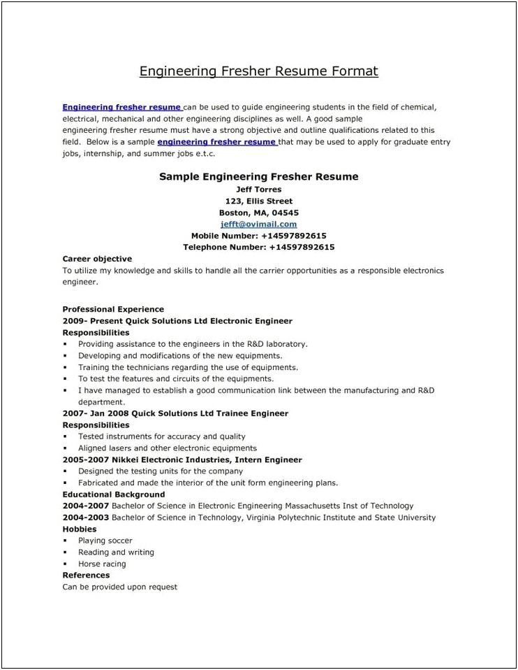 Best Resume Format Mechanical Engineers Pdf