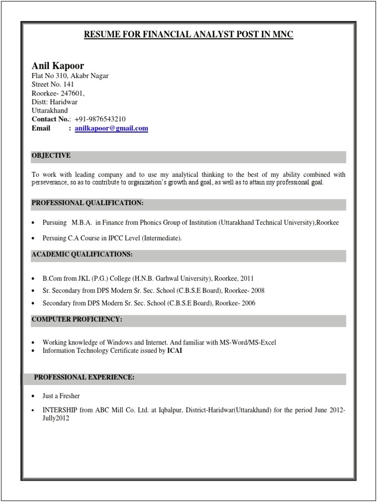Best Resume Sample For Ca
