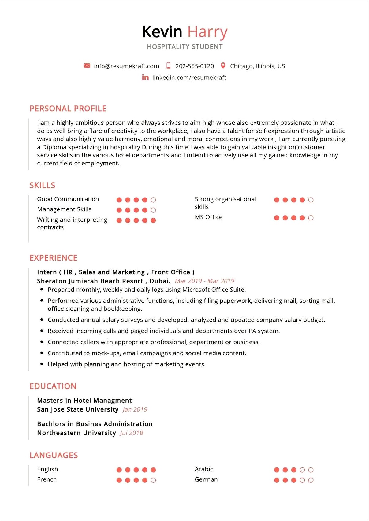 Best Resume Sample For Hospitality