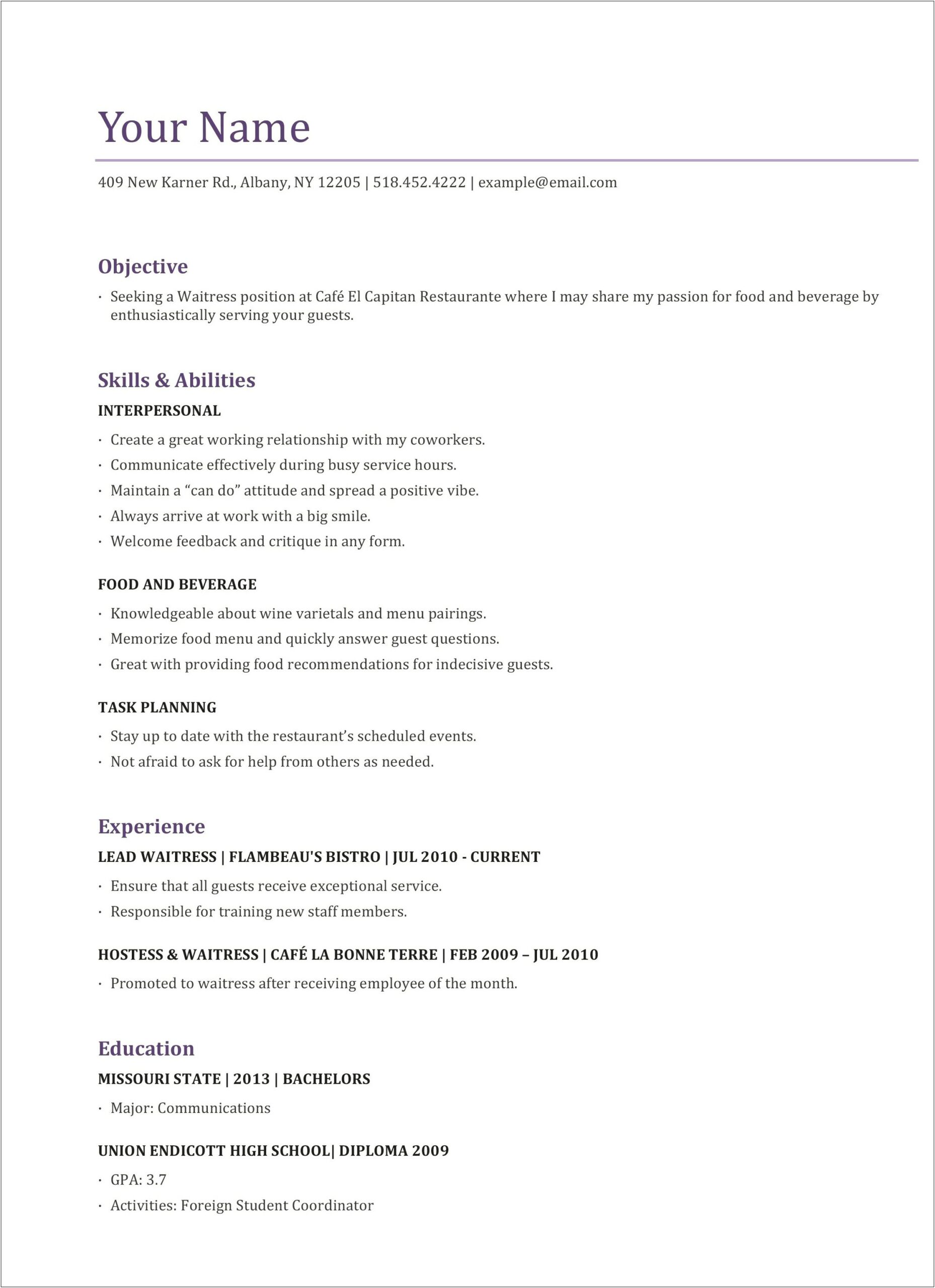 Best Resume Sample For Waitress