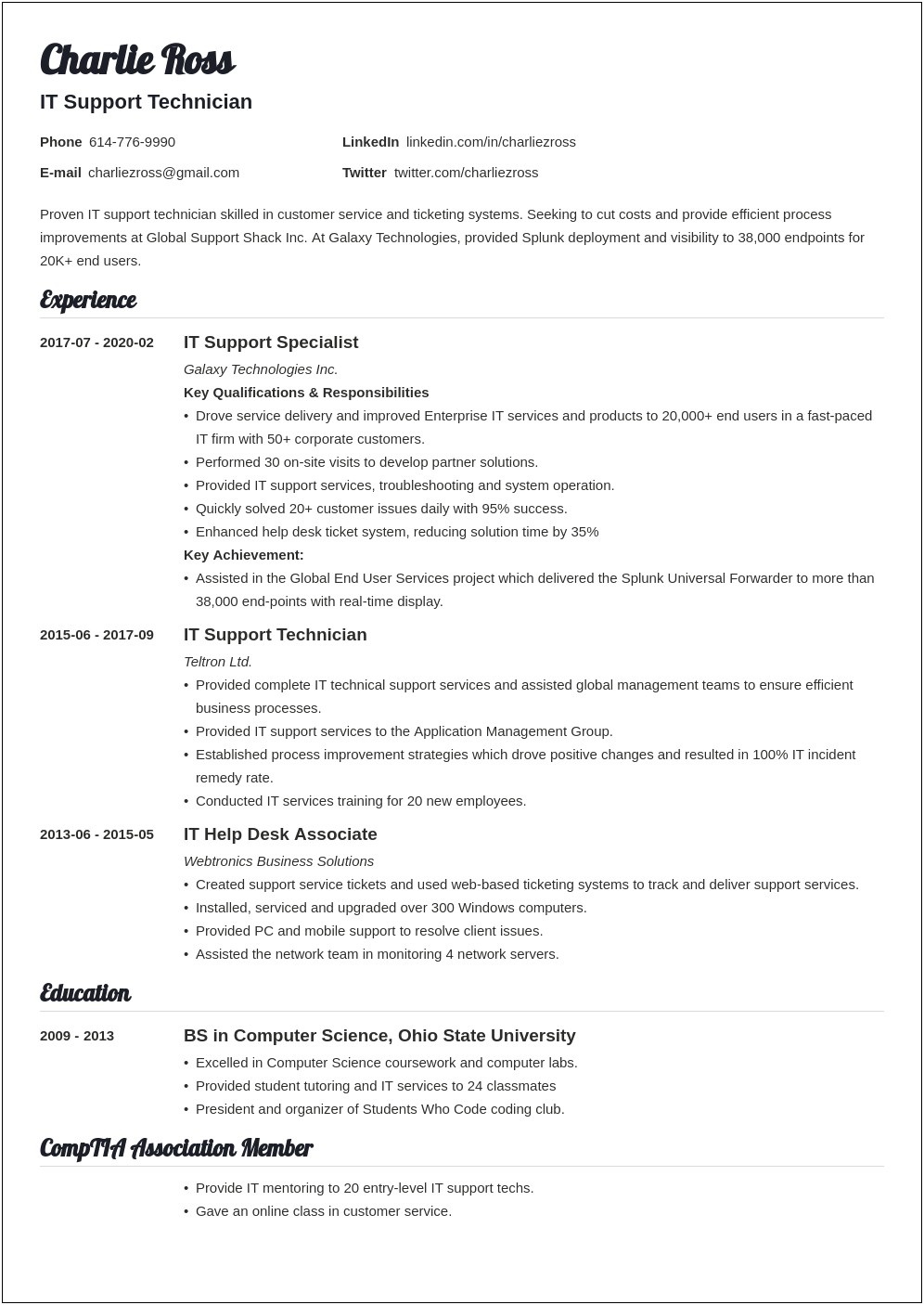 Best Resume Template For It Support