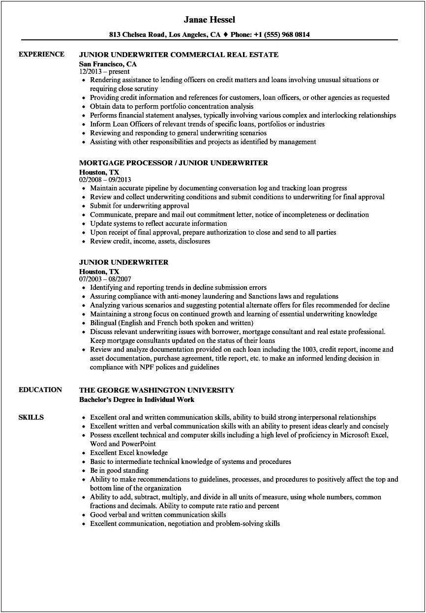 Best Resume Templates For A Morgarge Underwriter
