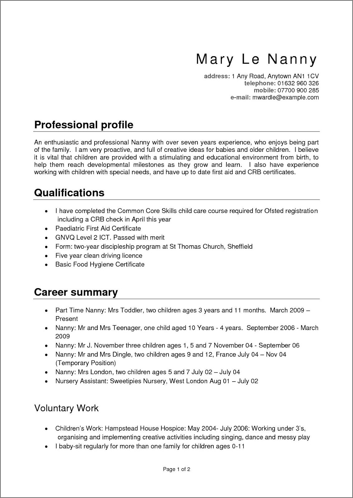 Best Resume Templates For Nanny