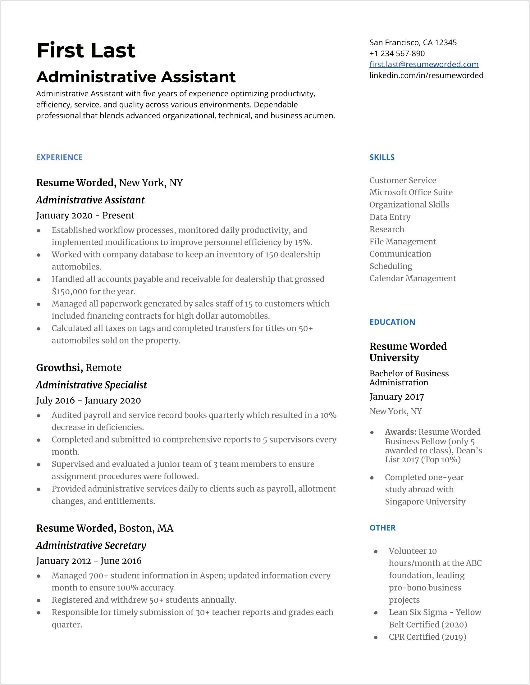 Best Sample Resume For Administrative Assistant
