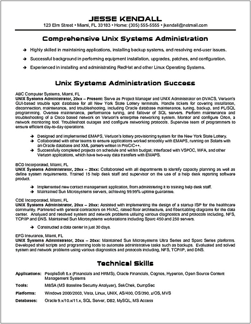 Best Sample Unix Admin Resume