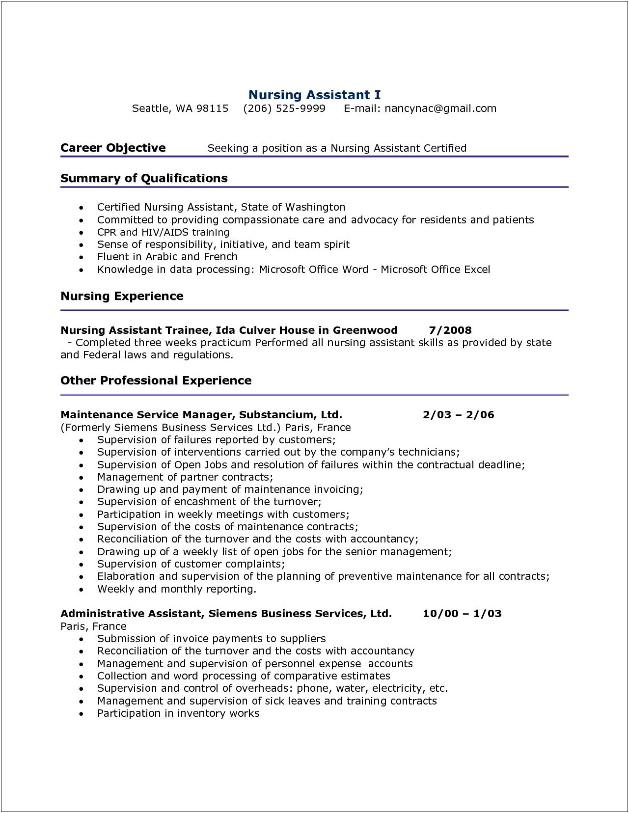 Best Summary For Cna Resume