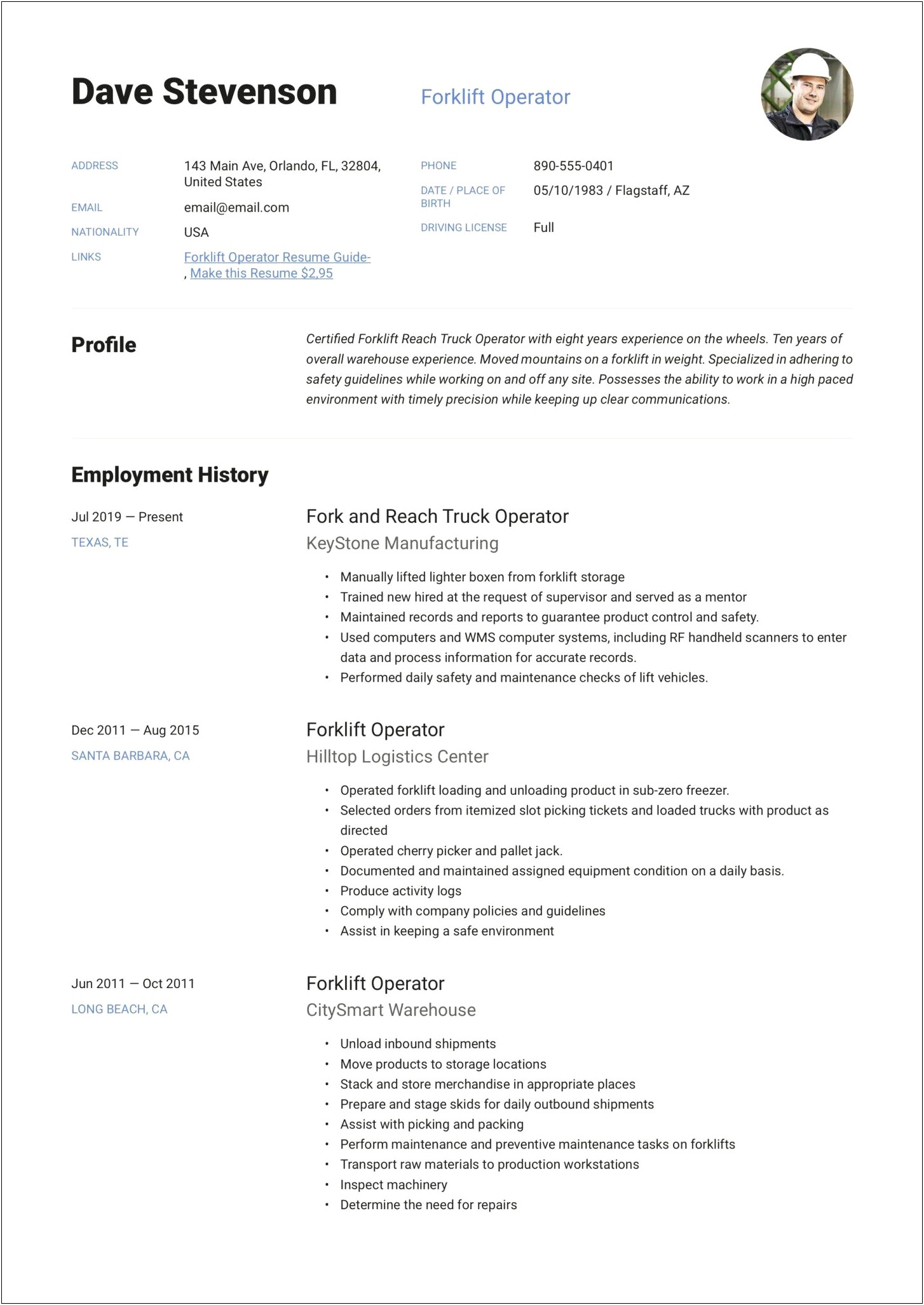 Best Summary For Resume Forklift Operator