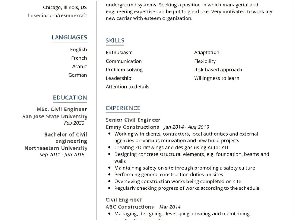 Best Summary Form For Resume For Civil Engineer