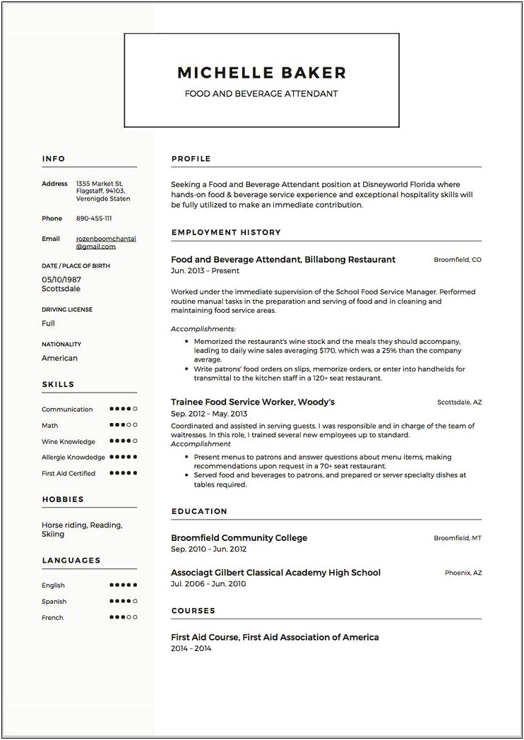 Beverage Server Job Description Resume