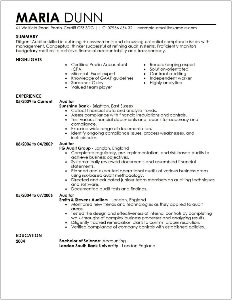 Big 4 Auditor Resume Examples