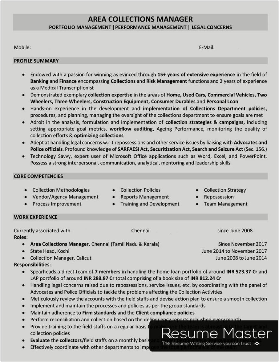 Billing And Collections Manager Resume