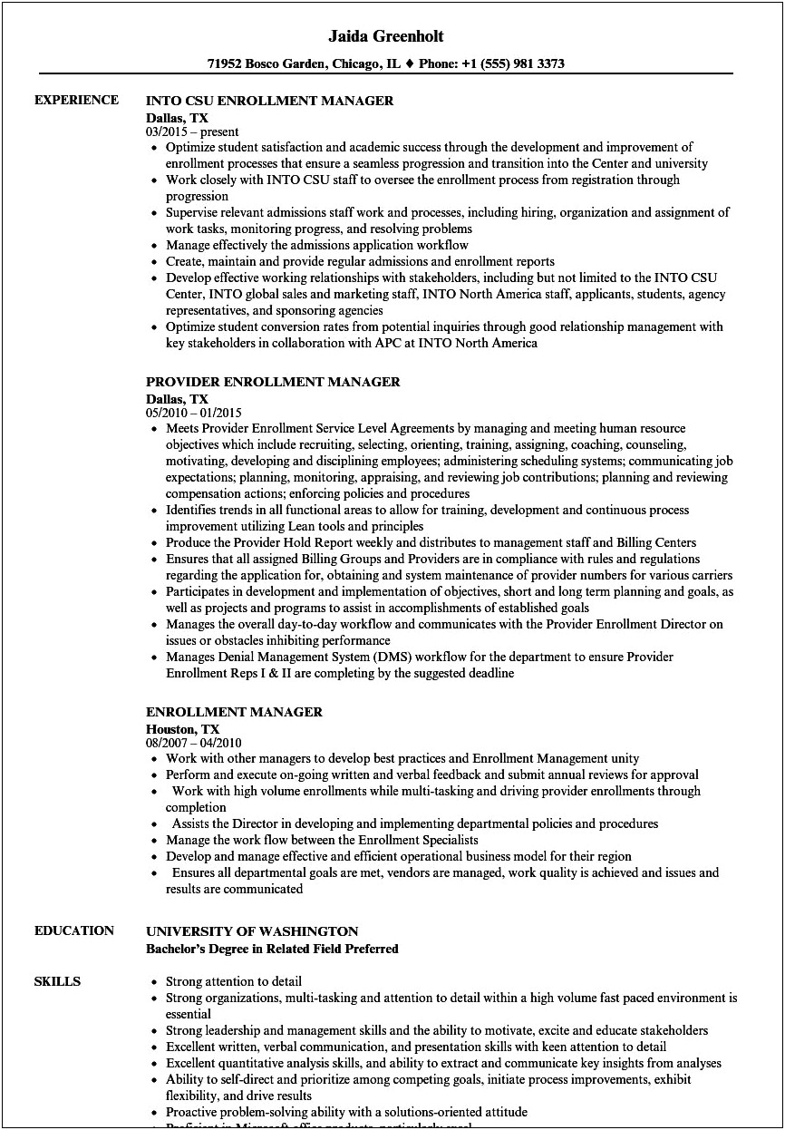 Billing And Enrollment Specialist Resume Sample
