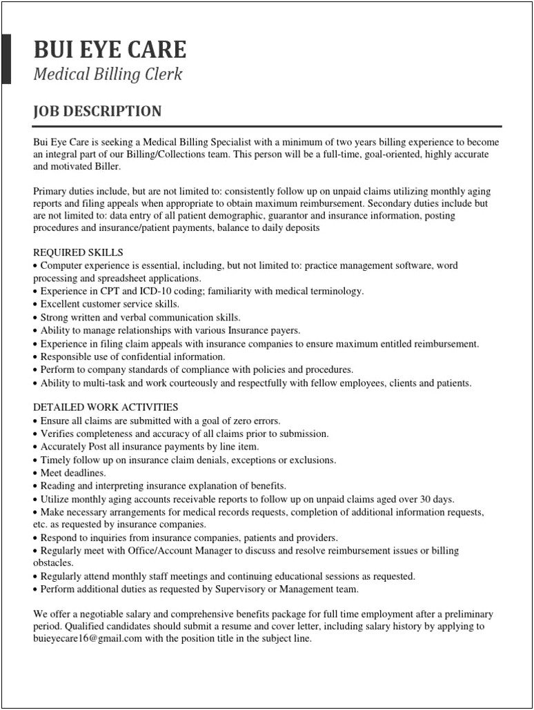 Billing Clerk Job Description Resume