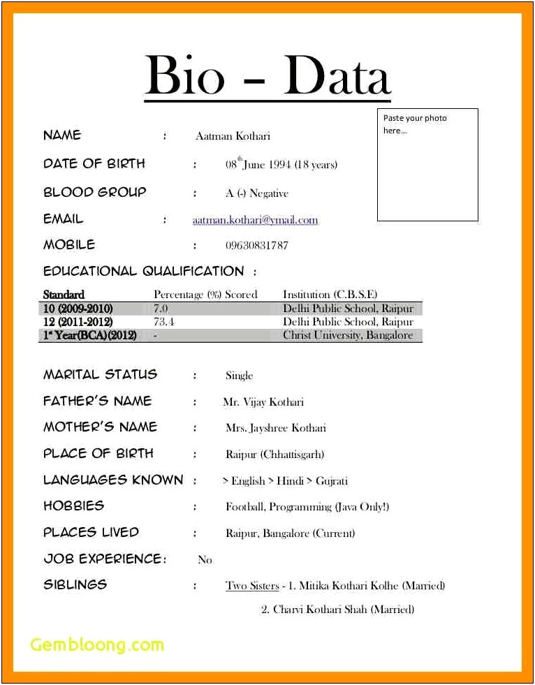 Bio Data Resume Sample Download