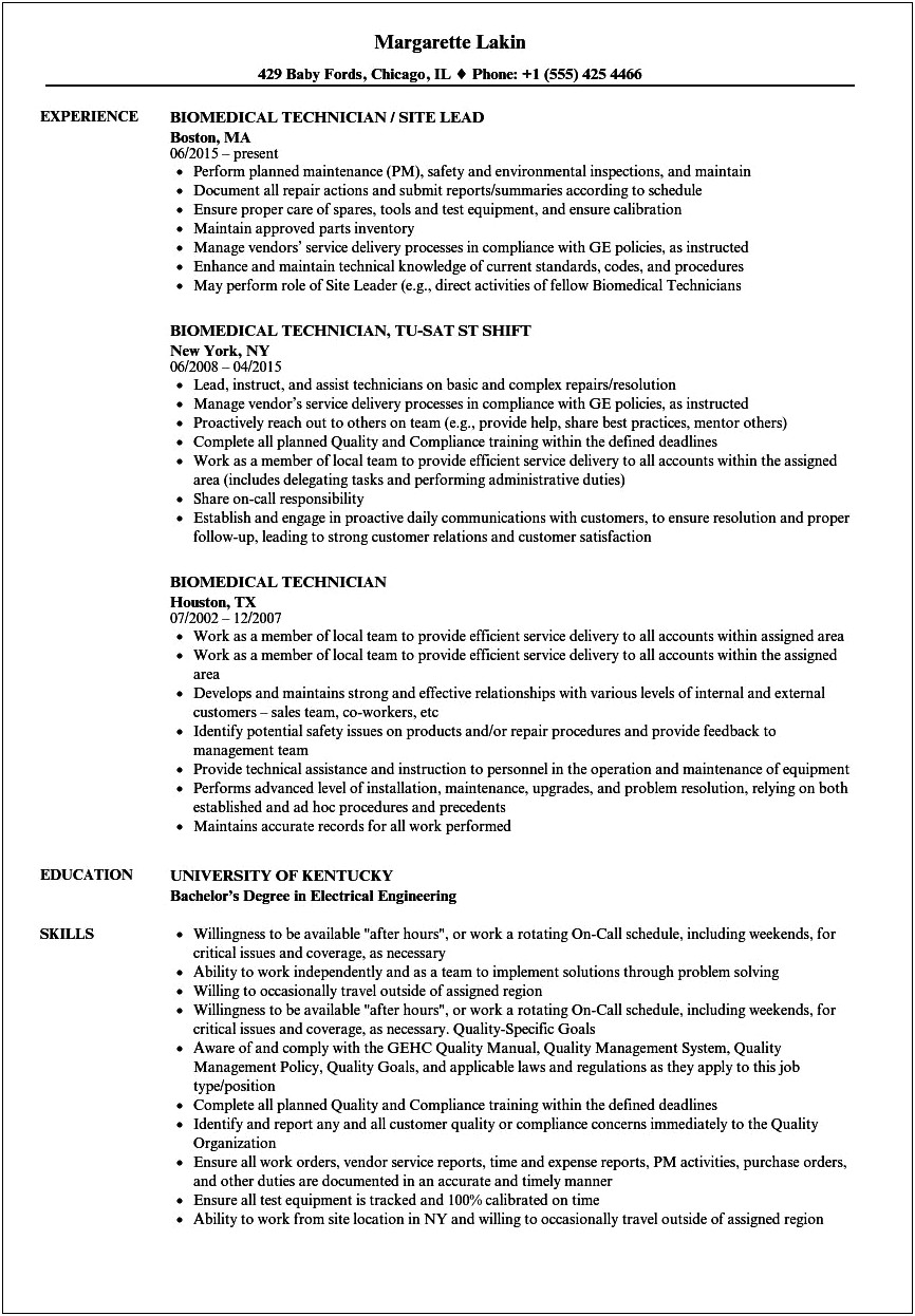 Biomedical Engineering Job Description For Resume