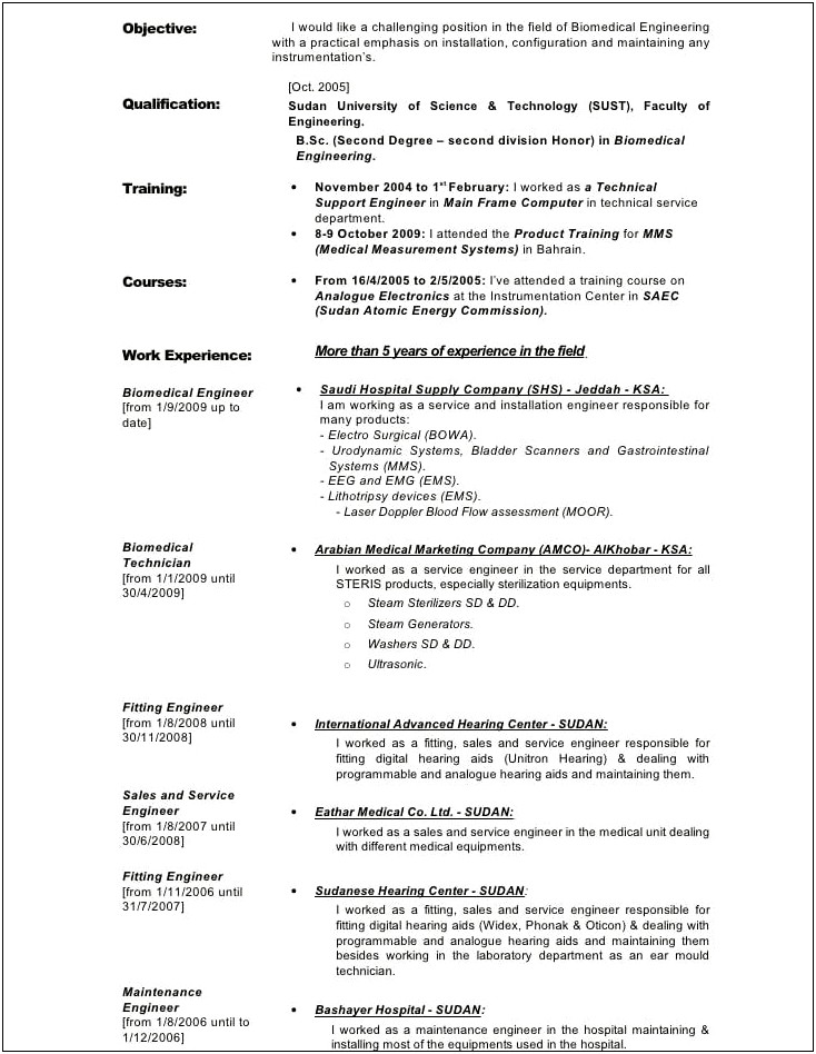 Biomedical Field Service Engineer Sample Resume