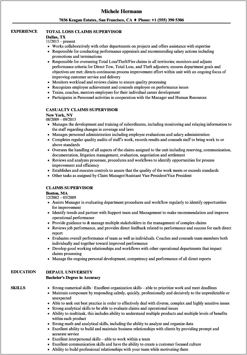 Bodily Injury Claims Team Manager Resume Examples