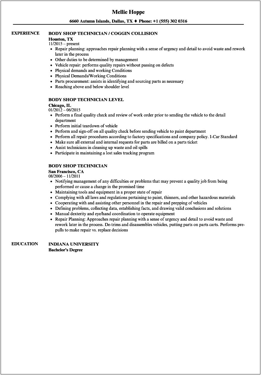 Body Shop Parts Manager Resume