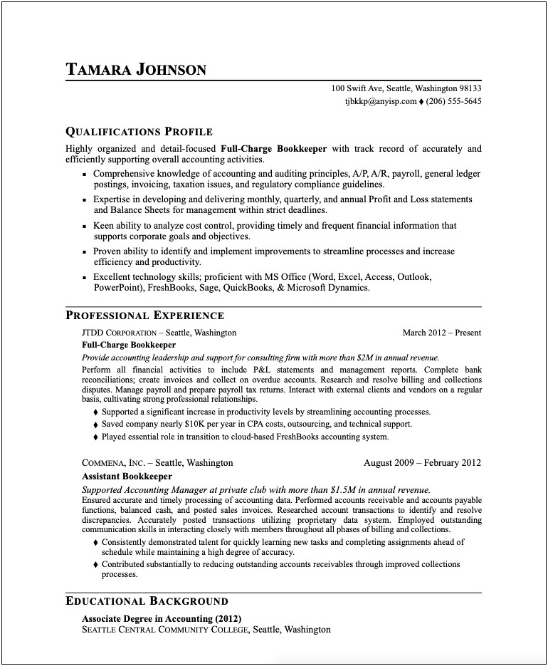 Book Keeper Job Description For Resume